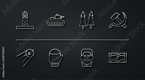 Set line Slavic pagan idol, Satellite, Hammer and sickle USSR, Joseph Stalin, Christmas mitten, Military tank, Russian ruble banknote and tree icon. Vector