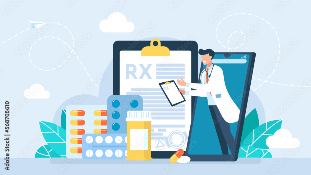 Online doctor's consultation. The doctor prescribes medication via smartphone. Phone screen with male therapist. Ask doctor. Online medical advice or consultation service. Vector flat illustration. Online doctor's consultation. The doctor prescribes medication via smartphone. Phone screen with male therapist. Ask doctor. Online medical advice or consultation service. Vector flat illustration.