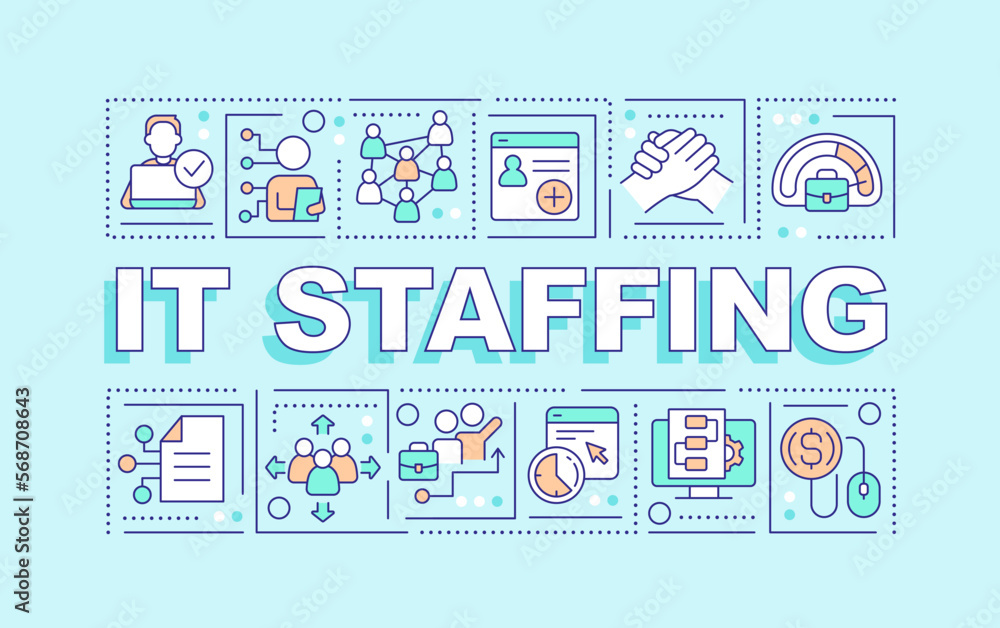 IT staffing word concepts mint blue banner. Recruitment. Infographics with editable icons on color background. Isolated typography. Vector illustration with text. Arial-Black font used