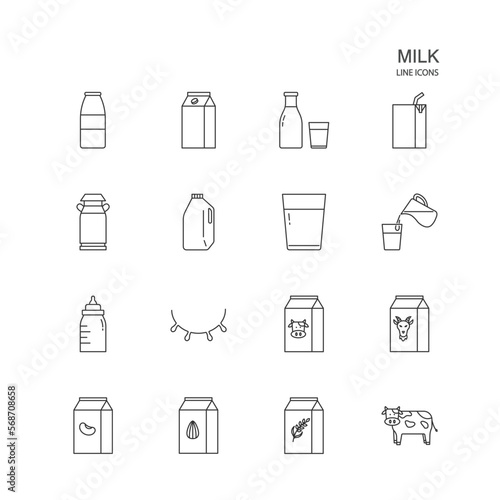 Set of animal milk and cereal milk vector line icon on white background.