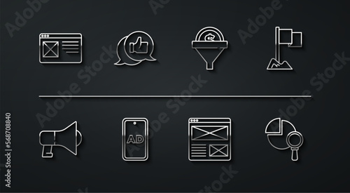 Set line Browser window, Megaphone, Location marker, Advertising, Customer product rating, Magnifying glass and analysis and Lead management icon. Vector
