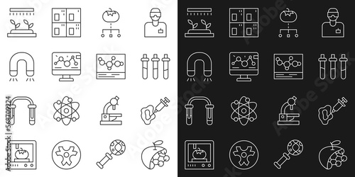 Set line Biological structure, Syringe, Reagent bottle, Genetically modified food, engineering modification, Magnet, Automatic irrigation sprinklers and Chemical formula icon. Vector
