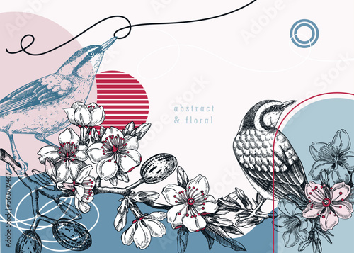 Nuthatches sitting on flowering almond branch sketch. Vector spring illustration in collage style. Hand-drawn passerine birds singing on blooming trees with nuts, leaves, and flowers for print