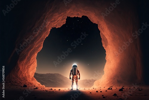 Fototapeta Naklejka Na Ścianę i Meble -  3d illustration of an astronaut in front of a tunnel on mars