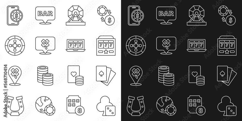 Set line Game dice, Deck of playing cards, Slot machine with jackpot, Lottery, Casino slot clover, roulette wheel, Online poker table game and icon. Vector Set line Game dice, Deck of playing cards, Slot machine with jackpot, Lottery, Casino slot clover, roulette wheel, Online poker table game and icon. Vector