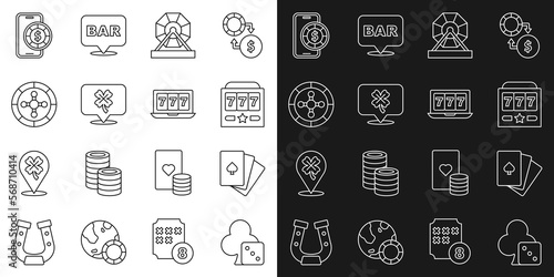 Set line Game dice, Deck of playing cards, Slot machine with jackpot, Lottery, Casino slot clover, roulette wheel, Online poker table game and icon. Vector