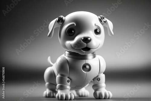 Cute robotic puppy on empty background. White happy little dog robot. Futuristic pet assistant powered by artificial intelligence. Generative ai
