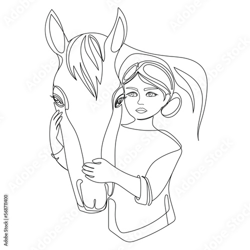 Continuous line drawing little child girl with horse Minimal art vector illustration.Love for animals concept.People and animal.Girl and horse liner design for poster,coloring,print,emblem 