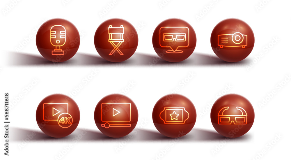 Set line Microphone, Screen tv with 4k, Movie, film, media projector, Cinema ticket, Online play video, Director movie chair, 3D cinema glasses and icon. Vector Set line Microphone, Screen tv with 4k, Movie, film, media projector, Cinema ticket, Online play video, Director movie chair, 3D cinema glasses and icon. Vector