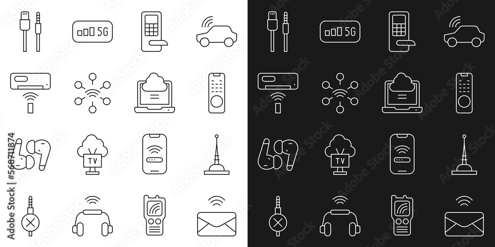 Set line Mail and e-mail, Antenna, Remote control, Digital door lock, Network, Air conditioner, USB cable cord and cloud connection icon. Vector Set line Mail and e-mail, Antenna, Remote control, Digital door lock, Network, Air conditioner, USB cable cord and cloud connection icon. Vector