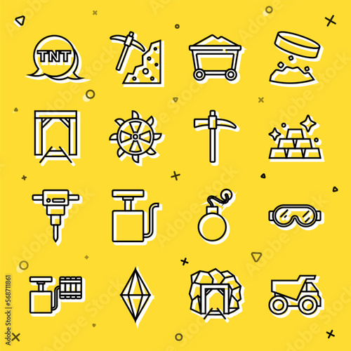 Set line Mining dump truck, Safety goggle glasses, Gold bars, Mine coal trolley, Bucket wheel excavator, entrance, Dynamite and Pickaxe icon. Vector