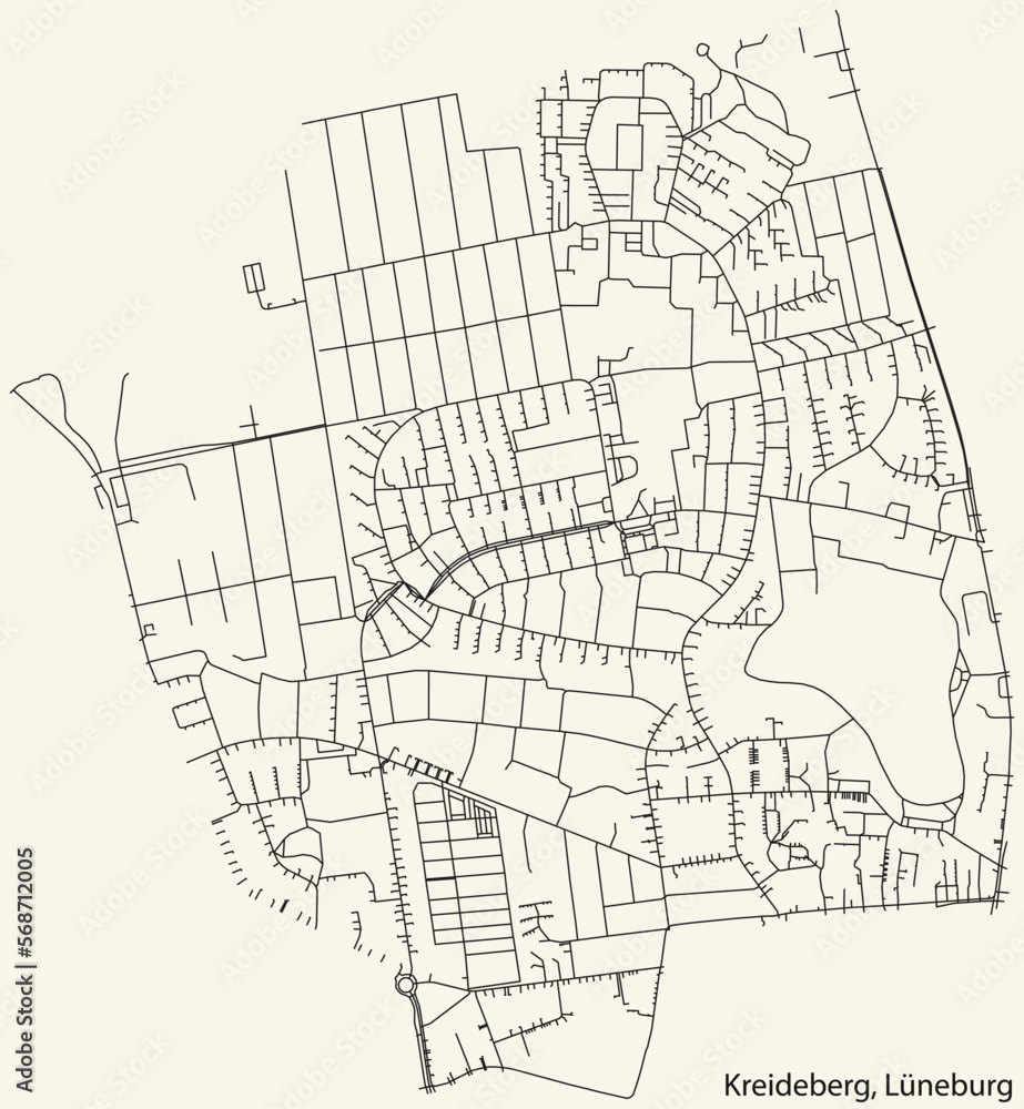 Detailed navigation black lines urban street roads map of the KREIDEBERG DISTRICT of the German town of LÜNEBURG, Germany on vintage beige background