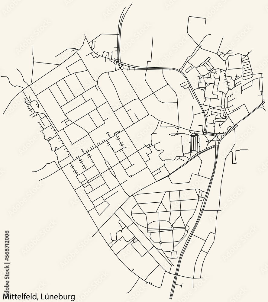 Detailed navigation black lines urban street roads map of the MITTELFELD DISTRICT of the German town of LÜNEBURG, Germany on vintage beige background