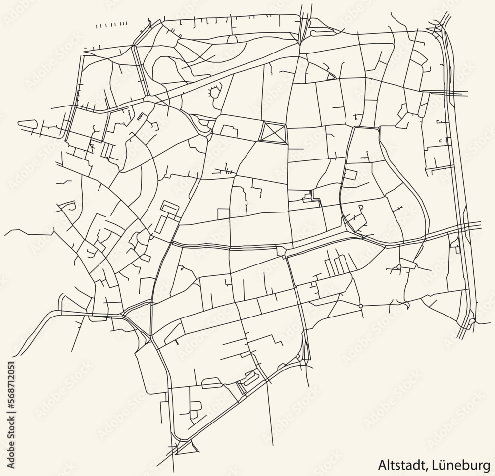 Detailed navigation black lines urban street roads map of the ALTSTADT DISTRICT of the German town of LÜNEBURG, Germany on vintage beige background