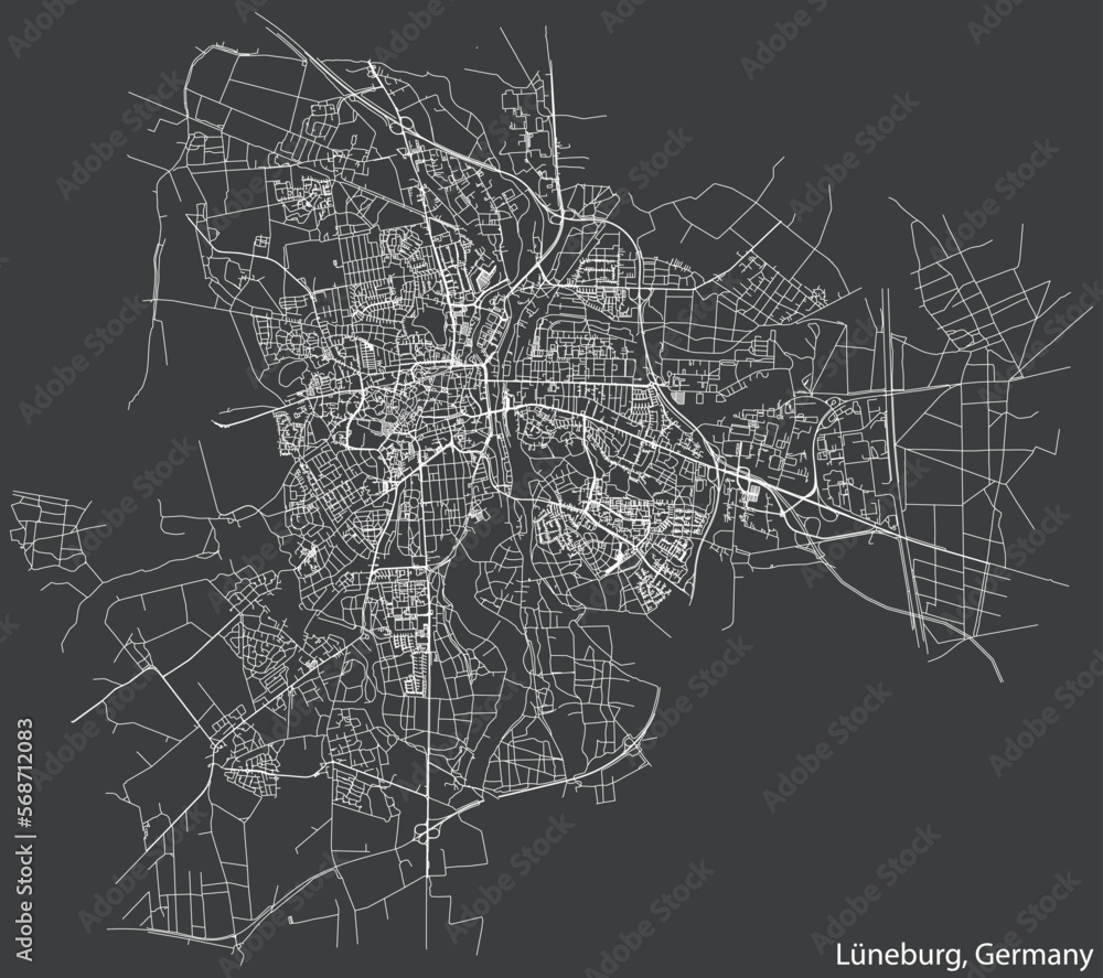 Detailed negative navigation white lines urban street roads map of the German town of LÜNEBURG, GERMANY on dark gray background