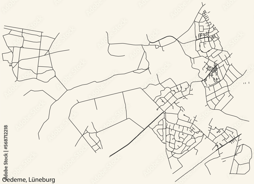 Detailed navigation black lines urban street roads map of the OEDEME DISTRICT of the German town of LÜNEBURG, Germany on vintage beige background