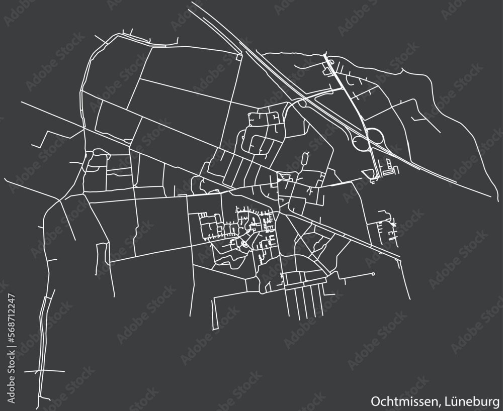 Detailed negative navigation white lines urban street roads map of the OCHTMISSEN DISTRICT of the German town of LÜNEBURG, Germany on dark gray background