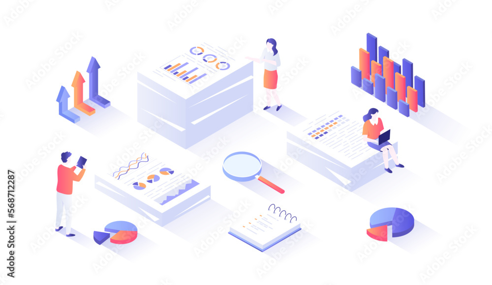 Statistics, document analysis, data collection. Research and information processing. Stacks of documents with graphs, charts, diagrams. Isometry illustration with people scene for web graphic. Statistics, document analysis, data collection. Research and information processing. Stacks of documents with graphs, charts, diagrams. Isometry illustration with people scene for web graphic.