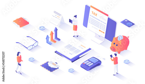 Online tax payment service. Taxation, tax calculation. Tax form on the monitor, documents, money, credit card, invoice. Isometry illustration with people scene for web graphic.