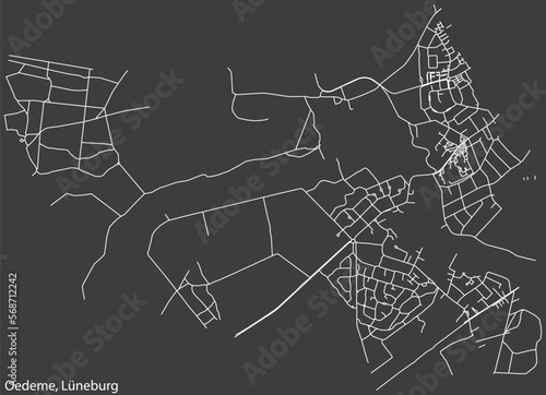 Detailed negative navigation white lines urban street roads map of the OEDEME DISTRICT of the German town of LÜNEBURG, Germany on dark gray background
