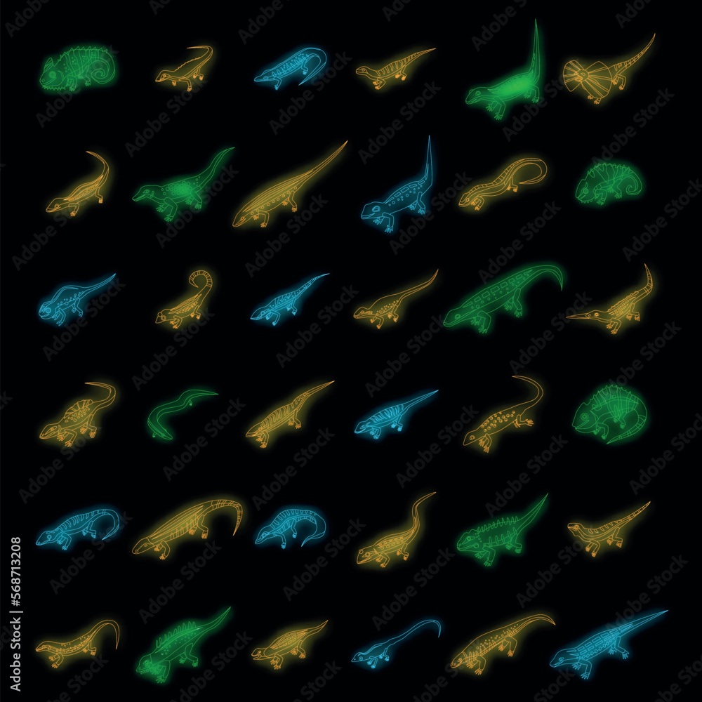 Obraz premium Lizard icons set. Isometric set of lizard vector icons neon on black isolated