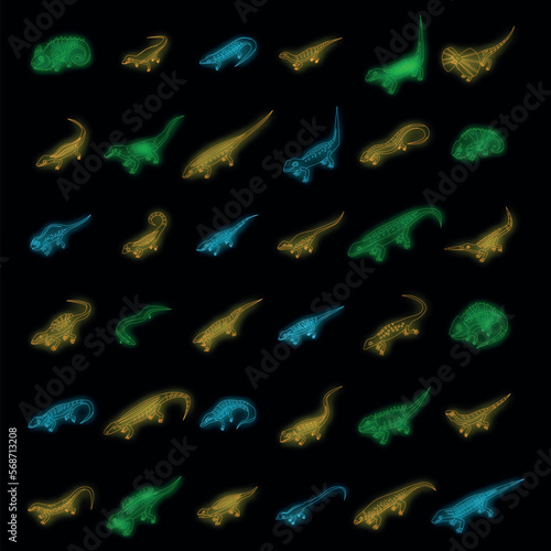 Lizard icons set. Isometric set of lizard vector icons neon on black isolated