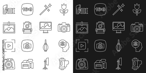 Set line Camera film roll cartridge, Photo camera, retouching, frame, and icon. Vector
