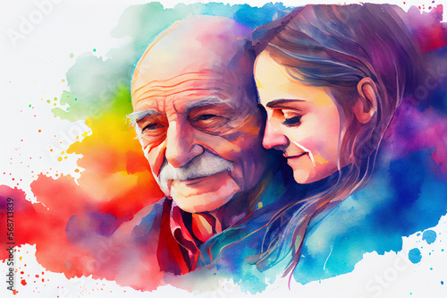A portrait of an elderly man and his granddaughter, showcasing the bond of generations, ai illustration. A touching tribute to family and love