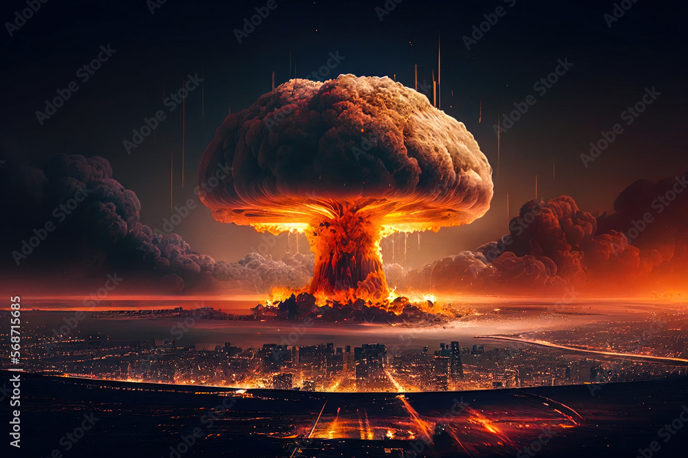 Powerful explosion fire in the shape of a nuclear mushroom cloud over