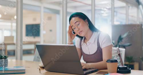 Wallpaper Mural Laptop, burnout or woman with headache, stress or fatigue at office desk working on a digital marketing SEO project. Tired, overworked or upset Japanese employee frustrated with migraine pain problem Torontodigital.ca