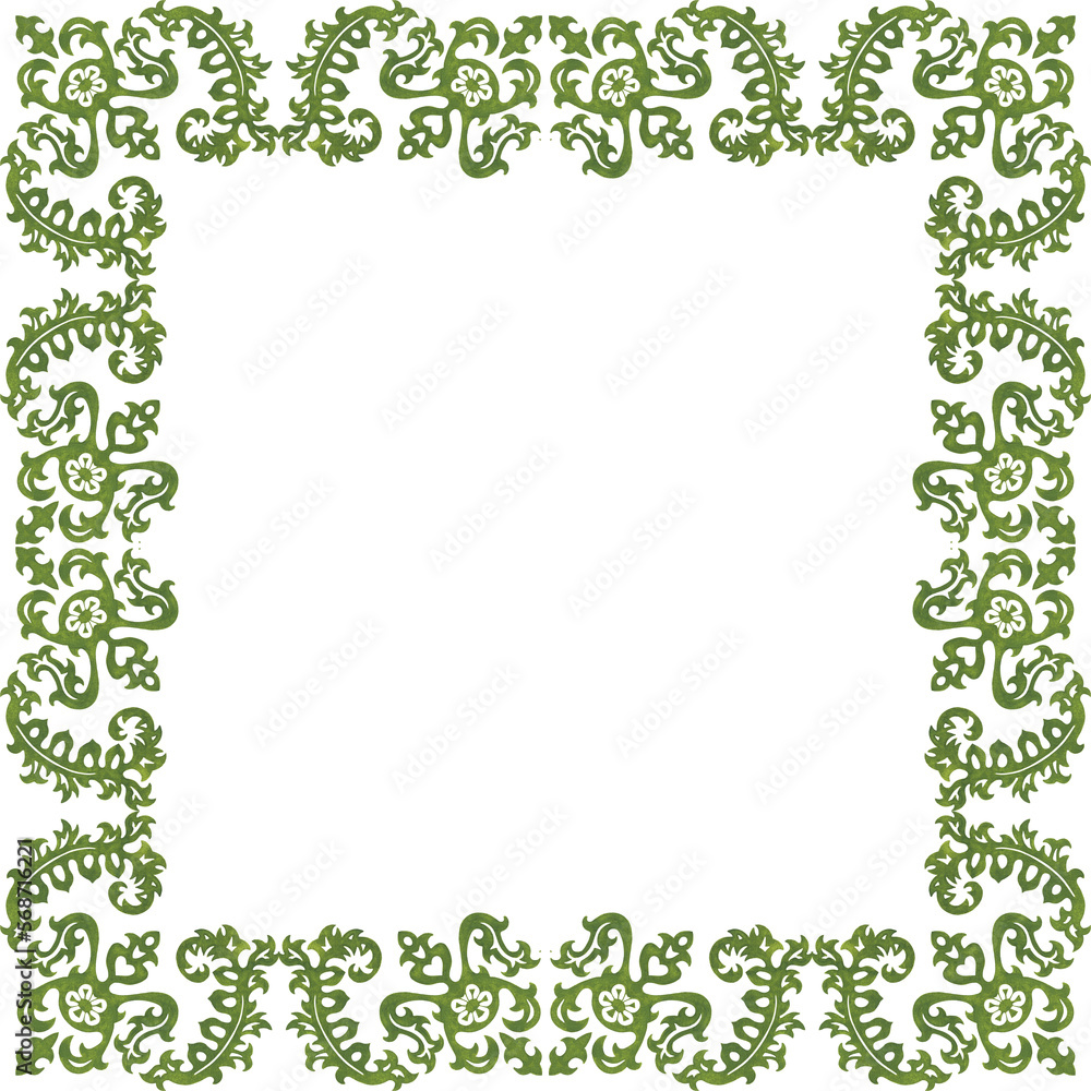 Vintage design square frame, template with green floral ornament in Art Nouveau style. Watercolor hand drawn painting illustration on white background.