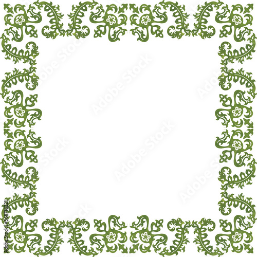 Vintage design square frame, template with green floral ornament in Art Nouveau style. Watercolor hand drawn painting illustration on white background.