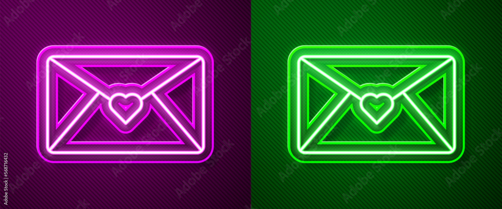 Glowing neon line Envelope with Valentine heart icon isolated on purple and green background. Message love. Letter love and romance. Vector Glowing neon line Envelope with Valentine heart icon isolated on purple and green background. Message love. Letter love and romance. Vector