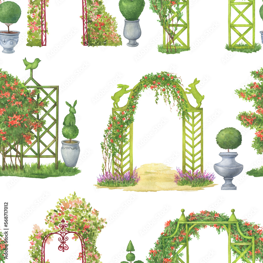 Seamless pattern with green wooden garden arch trellis and panel ...