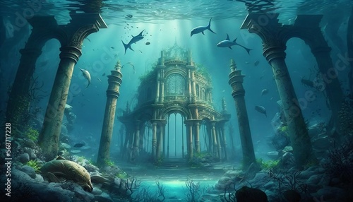 atlantis underwater scene, magic blue ocean with ancient temple ruins, deep blue sea with mysterious lights, generative ai