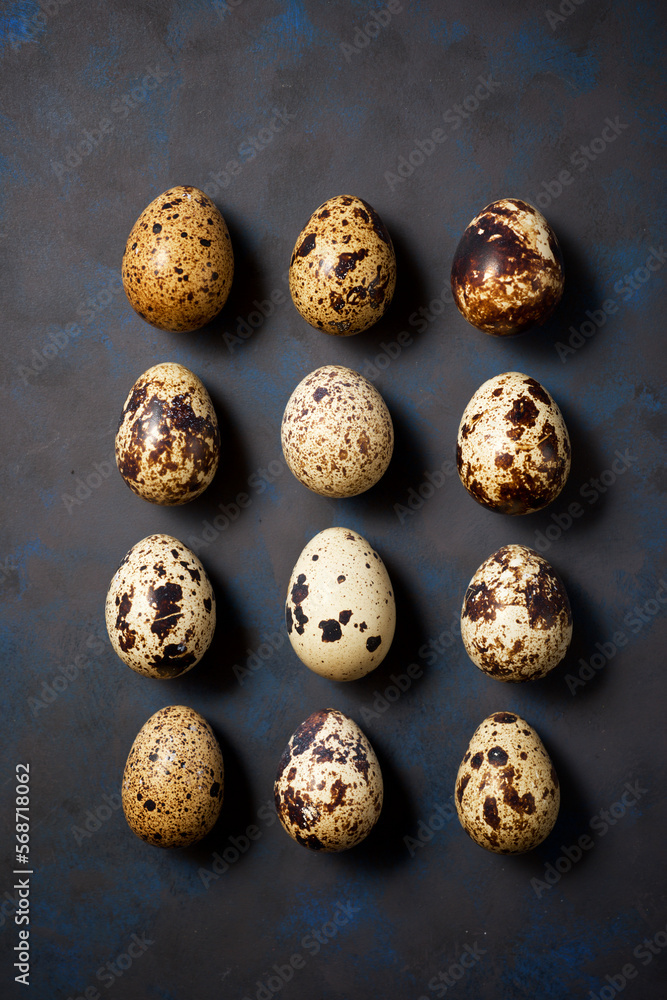 Obraz premium Quail eggs on a black table.