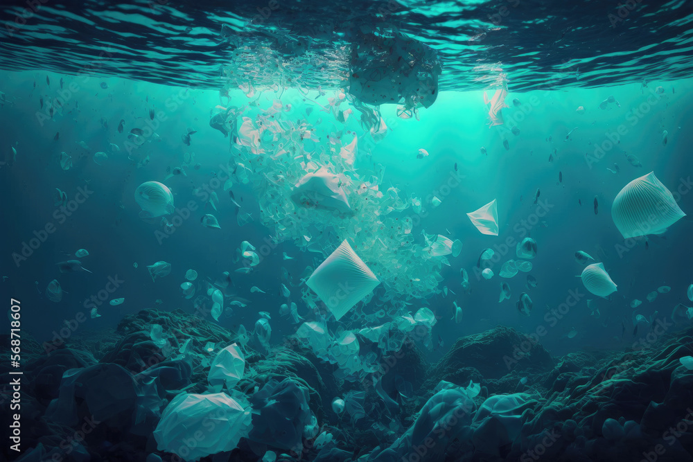 3d illustration of a plastic waste and pollution floating under water 3d illustration of a plastic waste and pollution floating under water