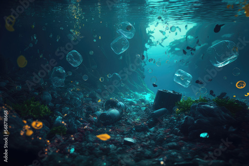 3d illustration of a plastic waste and pollution floating under water © Sebastian Kaulitzki