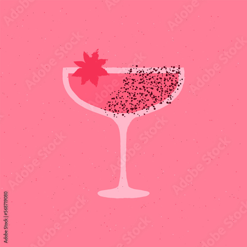 Martini dessert glass. Cocktail drink glass with anise and spices. Pink drink for events. Flat vector illustration with texture. Minimalist retro drink poster