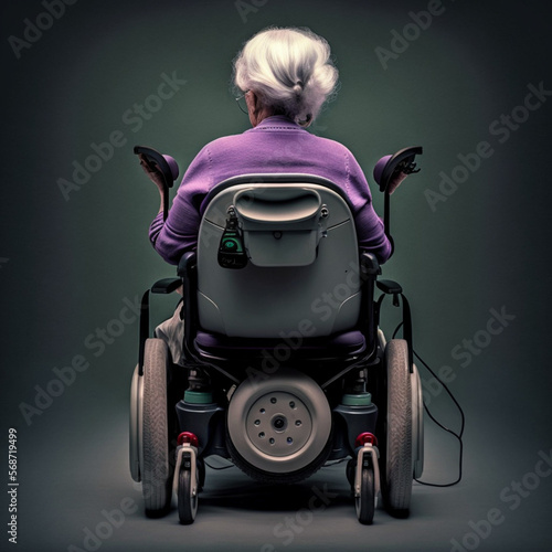 Senior Woman in an electric wheelchair. Generative AI. photo
