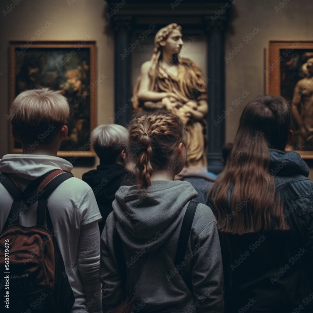 Back view of students in a museum. Generative AI. Back view of students in a museum. Generative AI.