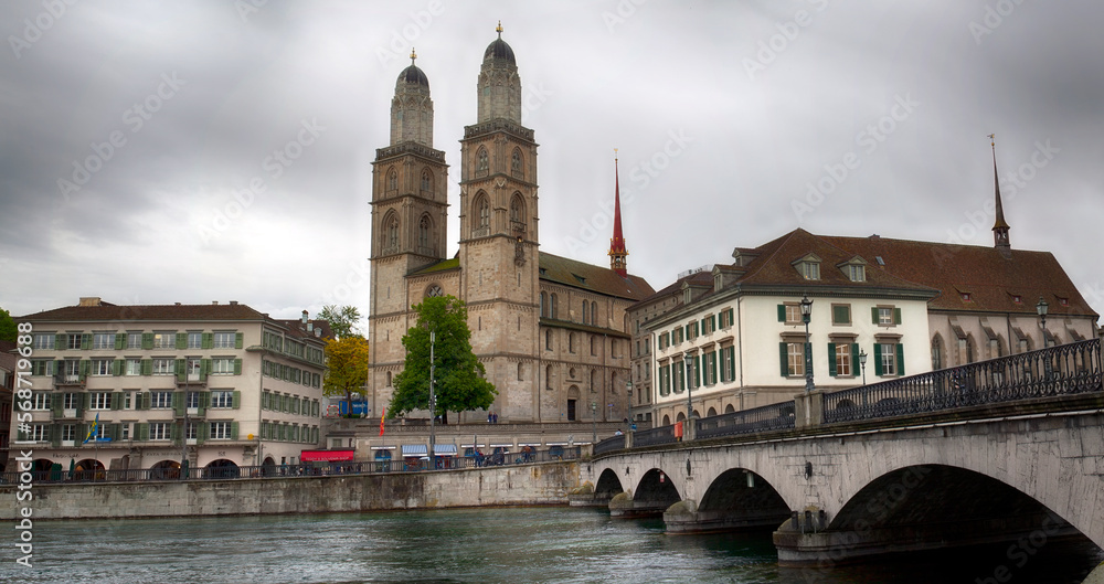 Grossmunster Church, Limmat river, Zurich, Switrzerland