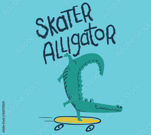 alligator cartoon on skateboard. 