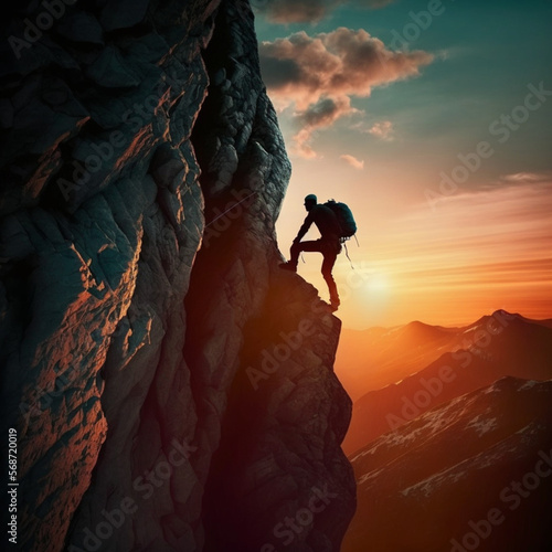 Climber climbing a rock wall in the mountain at sunset. Generative AI.