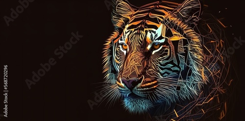 Tiger in a vivid neon picture in a polygonal, geometric, cartoon, and neon style. For cases, print. Generative AI.