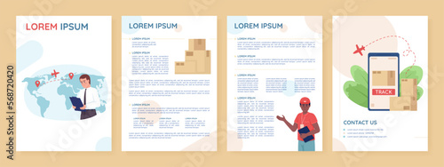 Courier and postal services flat vector brochure template. Tracking parcels with app booklet, leaflet printable color designs. Editable magazine page, reports kit with text space. Quicksand font used