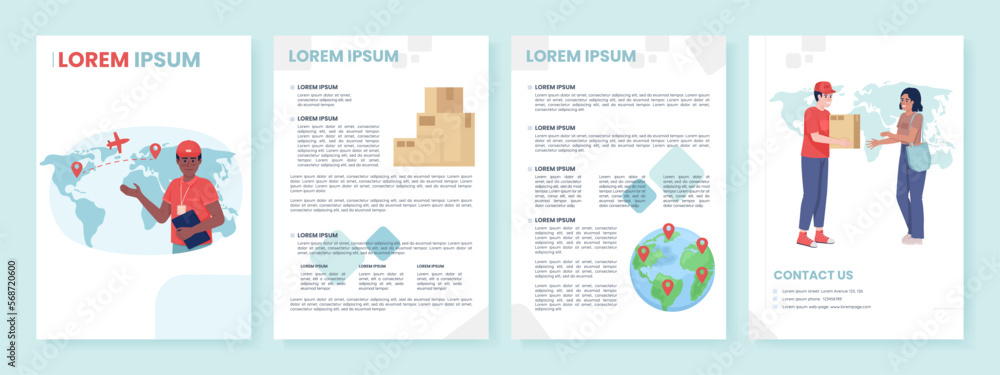 Global courier service flat vector brochure template. Fast delivery booklet, leaflet printable color designs. Editable magazine page, reports kit with text space. Poppins, Quicksand fonts used Global courier service flat vector brochure template. Fast delivery booklet, leaflet printable color designs. Editable magazine page, reports kit with text space. Poppins, Quicksand fonts used