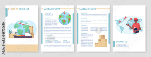 Freight shipping modes flat vector brochure template. Worldwide delivery booklet, leaflet printable color designs. Editable magazine page, reports kit with text space. Roboto, Myriad Pro fonts used