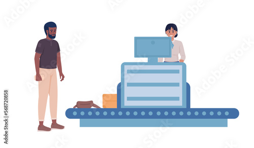 Male passenger going through checkpoint security semi flat color vector characters. Editable figures. Full body people on white. Simple cartoon style illustration for web graphic design and animation