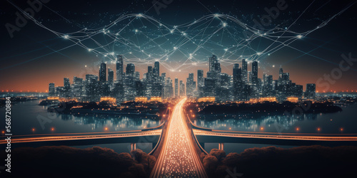 Smart cities concept, utilizing technology to create a more efficient and connected environment. Using AI, IoT and Big Data to increase efficiency and reduce environmental impact. generative ai.	
 photo